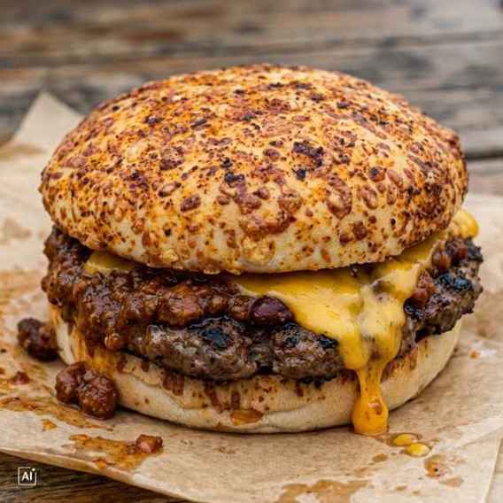 Chili Cheese Bun mit sichtbarem Käse-Chili-Topping