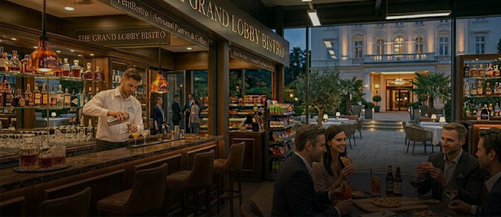 Hotelbar mit herzhaften heißen Snacks und Drinks