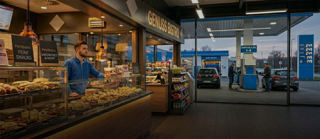 To-Go Theke an einer Tankstelle für herzhafte Snacks