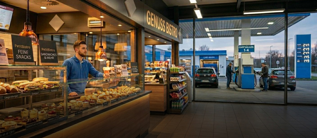 To-Go Theke an einer Tankstelle für herzhafte Snacks