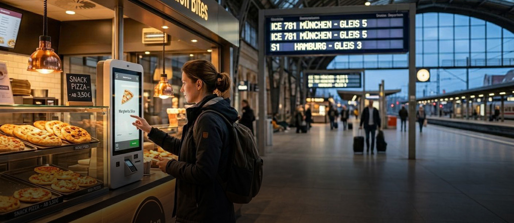 Backshop Theke im Bahnhof mit Bestellterminal für Snackpizzen